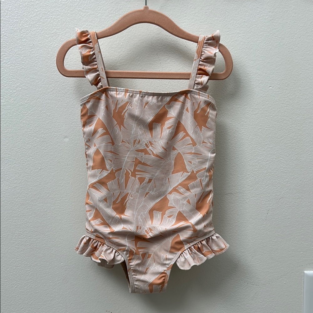 Ruffled Palm Print One-Piece Swimsuit - Peach